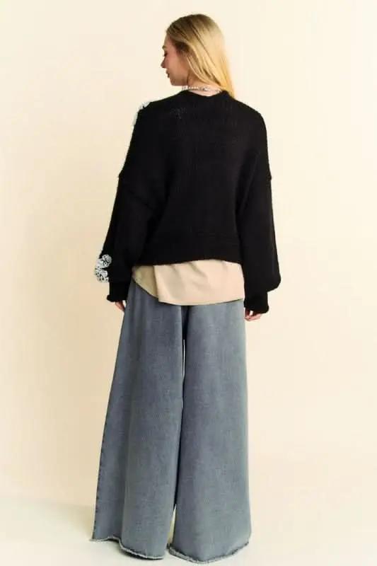 Davi & Dani Floral Applique Open Front Dropped Shoulder Cardigan - Love Salve